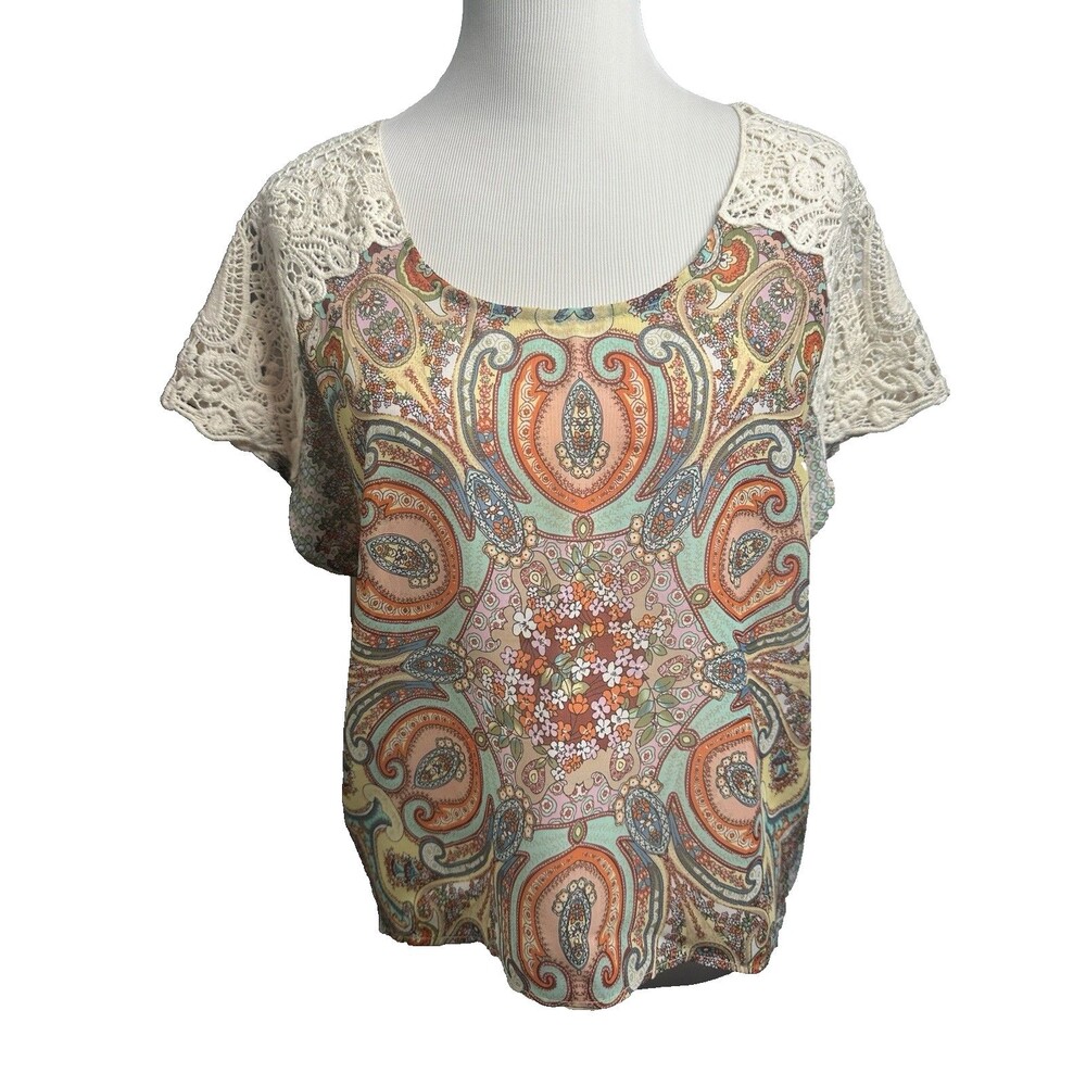 Women's One World Ivory Multi Color Lace Neckline Cap Sleeve Size M Top